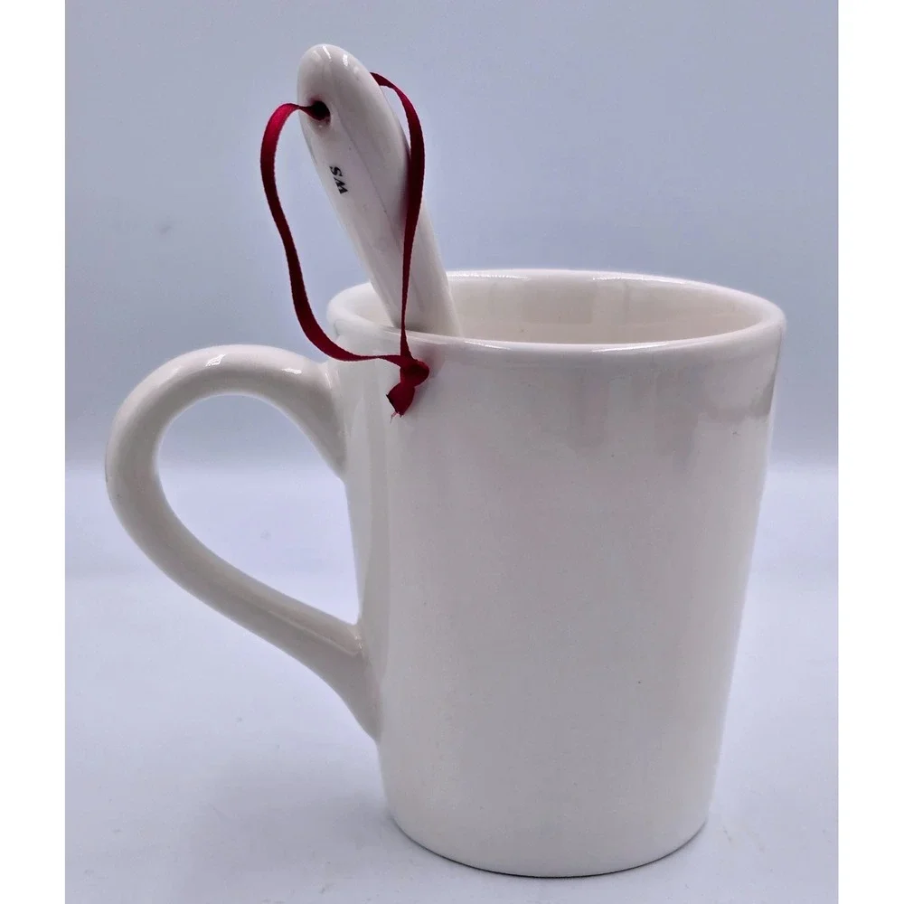 Williams Sonoma 10 oz. Snowman Ceramic Gift Mug with Spoon Set‎ Red Ribbon
